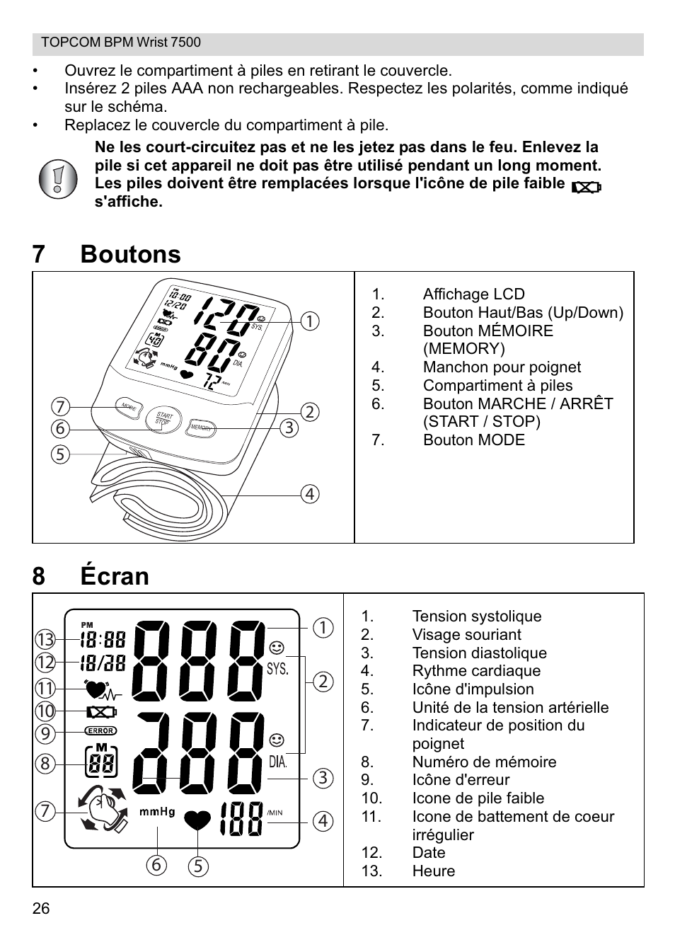 7boutons 8 écran | Topcom BPM Wrist 7500 User Manual | Page 26 / 88