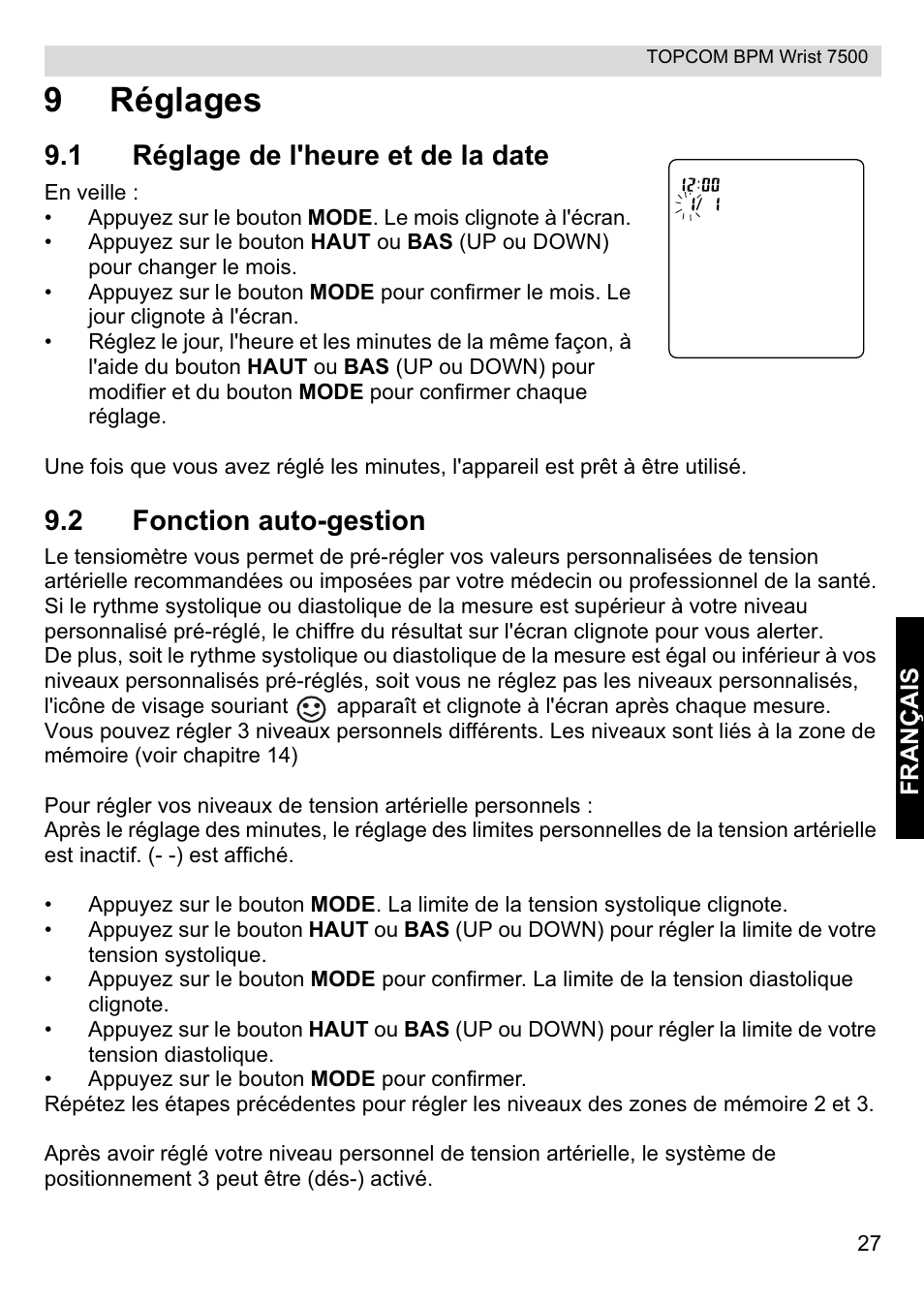 9réglages, 1 réglage de l'heure et de la date, 2 fonction auto-gestion | Topcom BPM Wrist 7500 User Manual | Page 27 / 88
