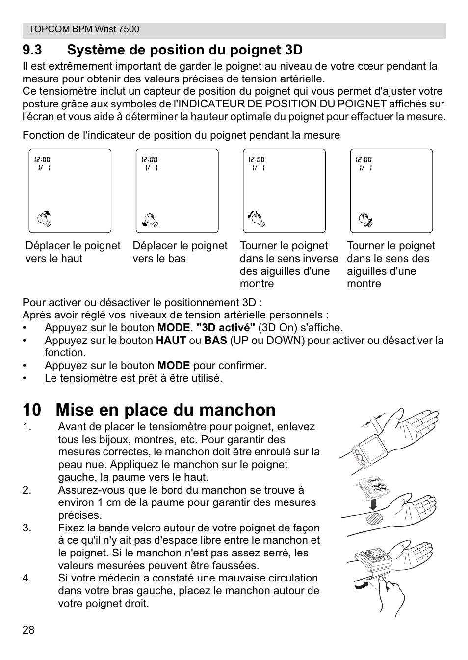 10 mise en place du manchon, 3 système de position du poignet 3d | Topcom BPM Wrist 7500 User Manual | Page 28 / 88