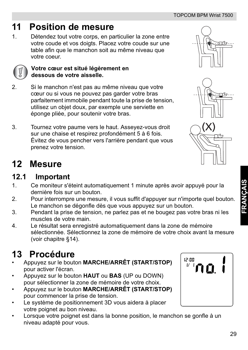 11 position de mesure, 12 mesure, 13 procédure | 1 important | Topcom BPM Wrist 7500 User Manual | Page 29 / 88