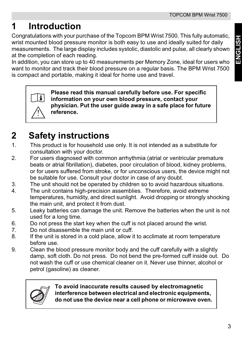 1introduction, 2safety instructions | Topcom BPM Wrist 7500 User Manual | Page 3 / 88