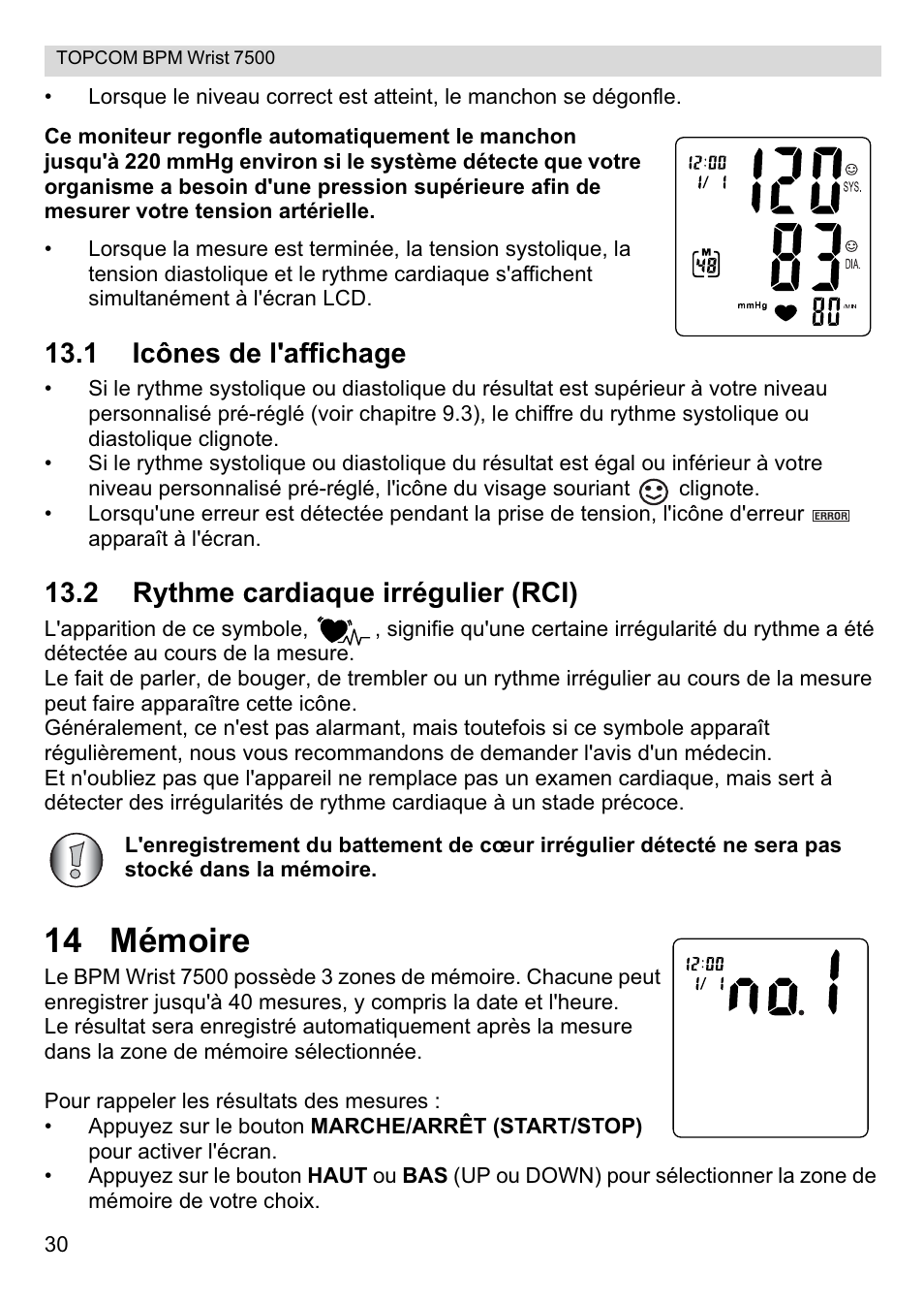 14 mémoire, 1 icônes de l'affichage, 2 rythme cardiaque irrégulier (rci) | Topcom BPM Wrist 7500 User Manual | Page 30 / 88