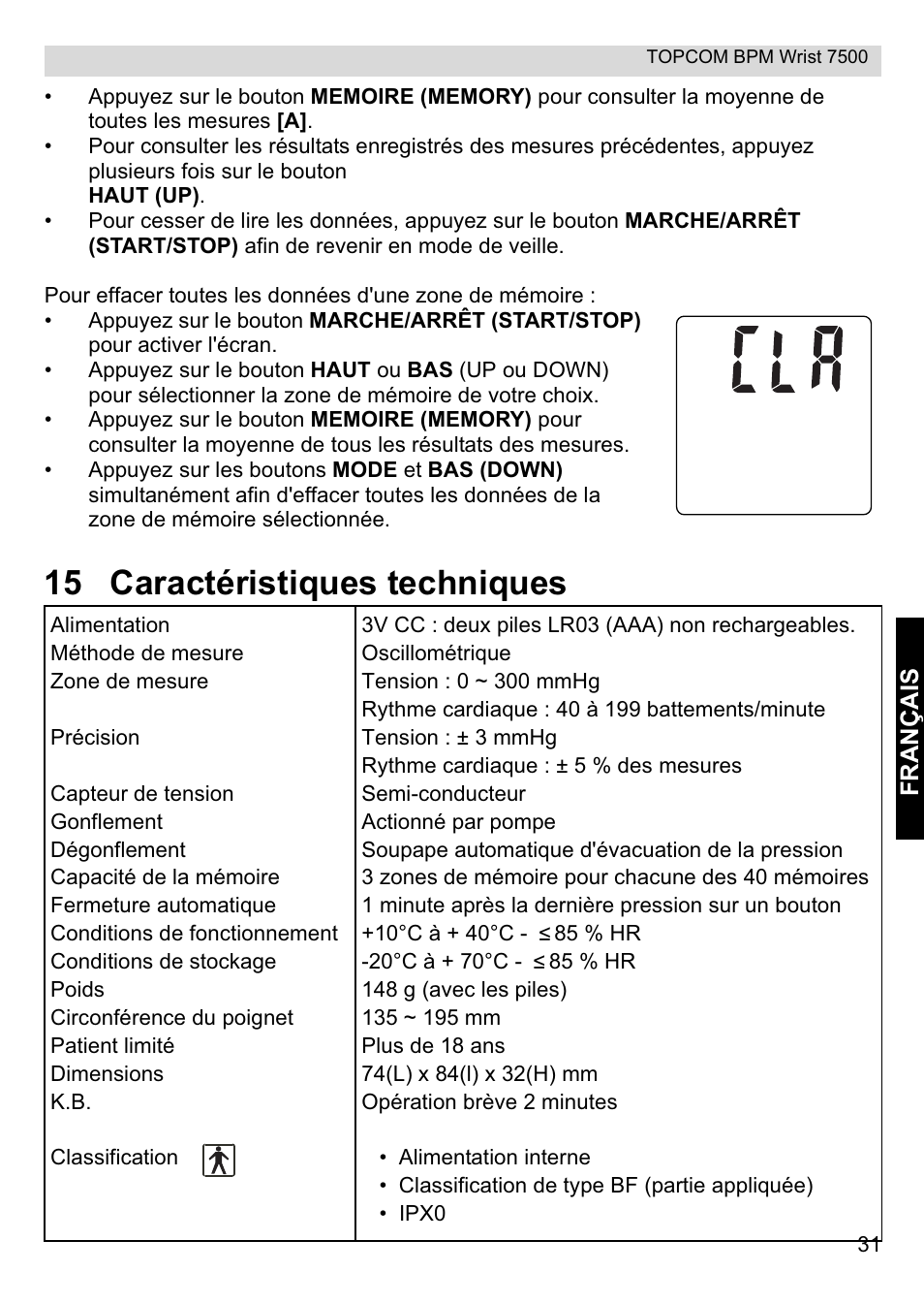 15 caractéristiques techniques | Topcom BPM Wrist 7500 User Manual | Page 31 / 88