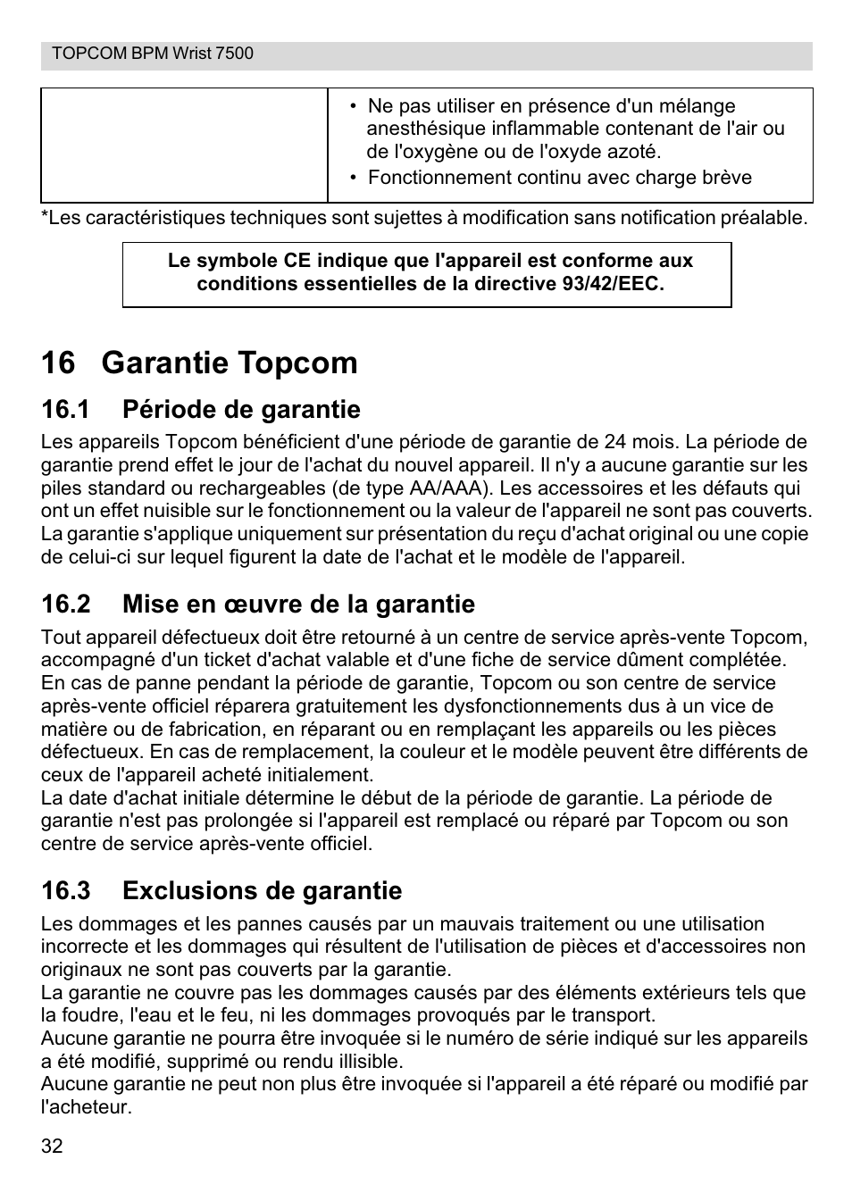 16 garantie topcom, 1 période de garantie, 2 mise en œuvre de la garantie | 3 exclusions de garantie | Topcom BPM Wrist 7500 User Manual | Page 32 / 88