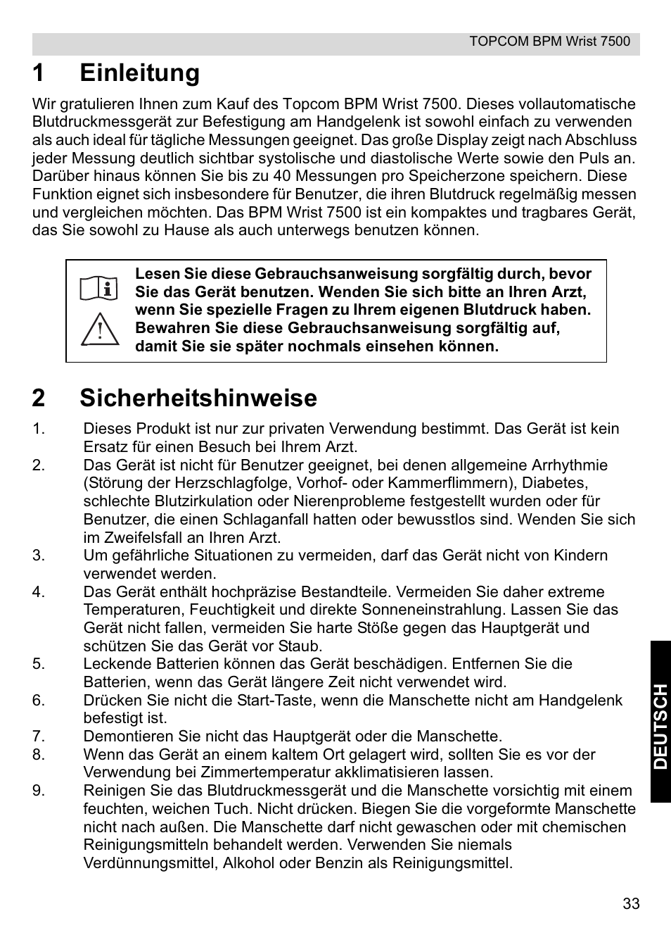 1einleitung, 2sicherheitshinweise | Topcom BPM Wrist 7500 User Manual | Page 33 / 88