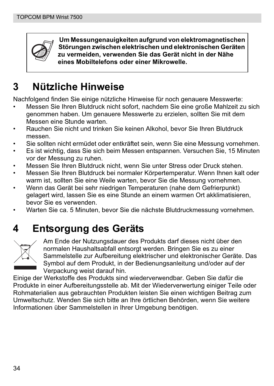 3nützliche hinweise, 4entsorgung des geräts | Topcom BPM Wrist 7500 User Manual | Page 34 / 88