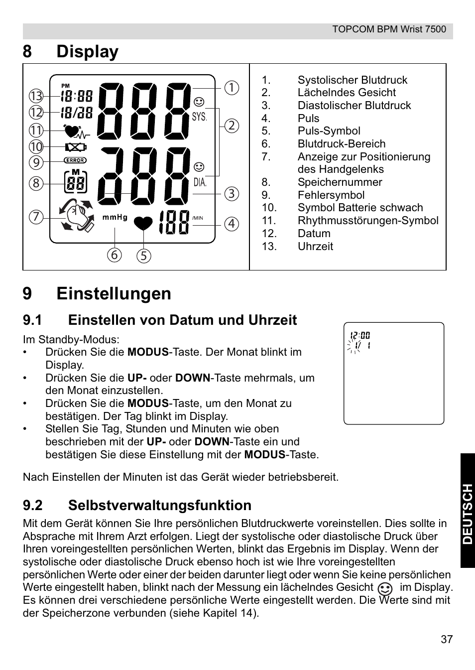 8display 9 einstellungen, 1 einstellen von datum und uhrzeit, 2 selbstverwaltungsfunktion | Topcom BPM Wrist 7500 User Manual | Page 37 / 88