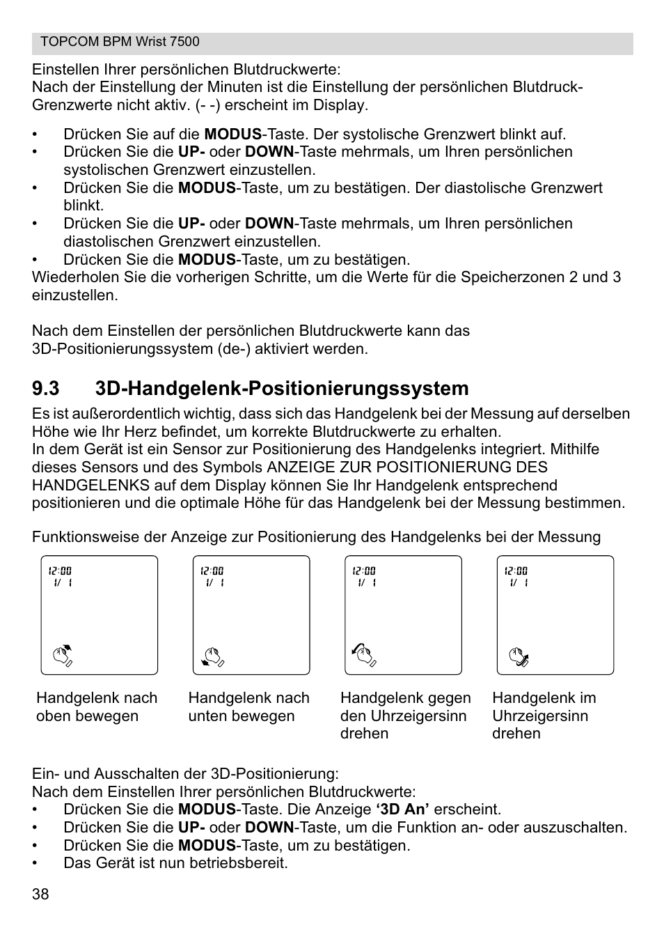 3 3d-handgelenk-positionierungssystem | Topcom BPM Wrist 7500 User Manual | Page 38 / 88