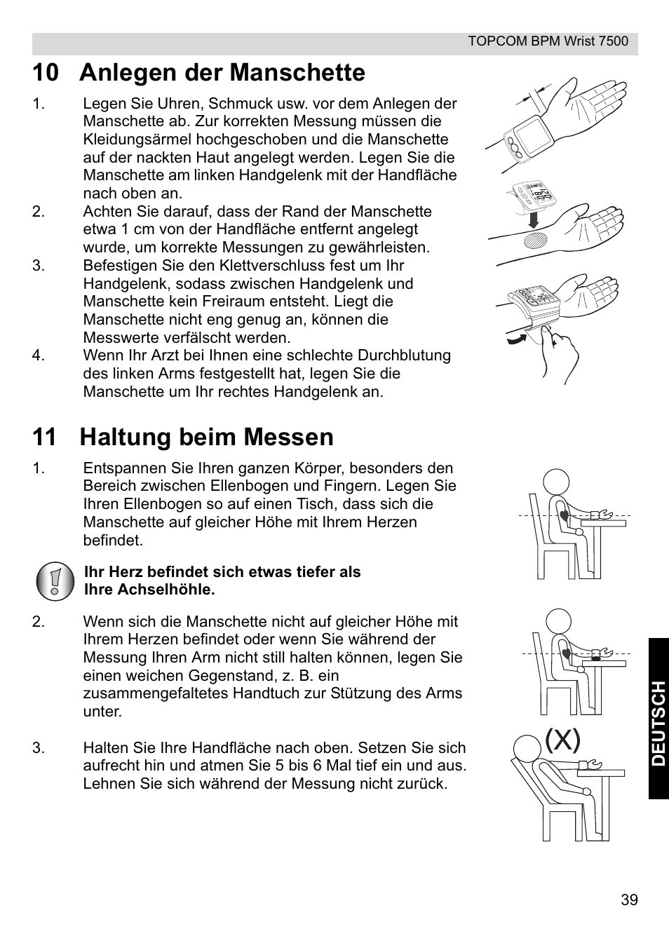 10 anlegen der manschette, 11 haltung beim messen, Deutsc h | Topcom BPM Wrist 7500 User Manual | Page 39 / 88