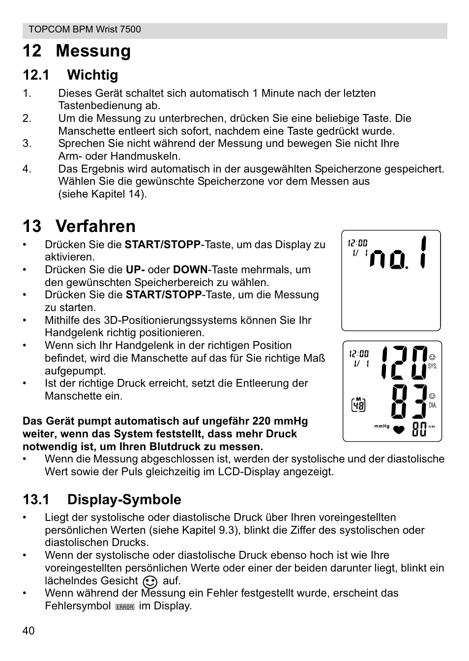 12 messung, 13 verfahren, 1 wichtig | 1 display-symbole | Topcom BPM Wrist 7500 User Manual | Page 40 / 88