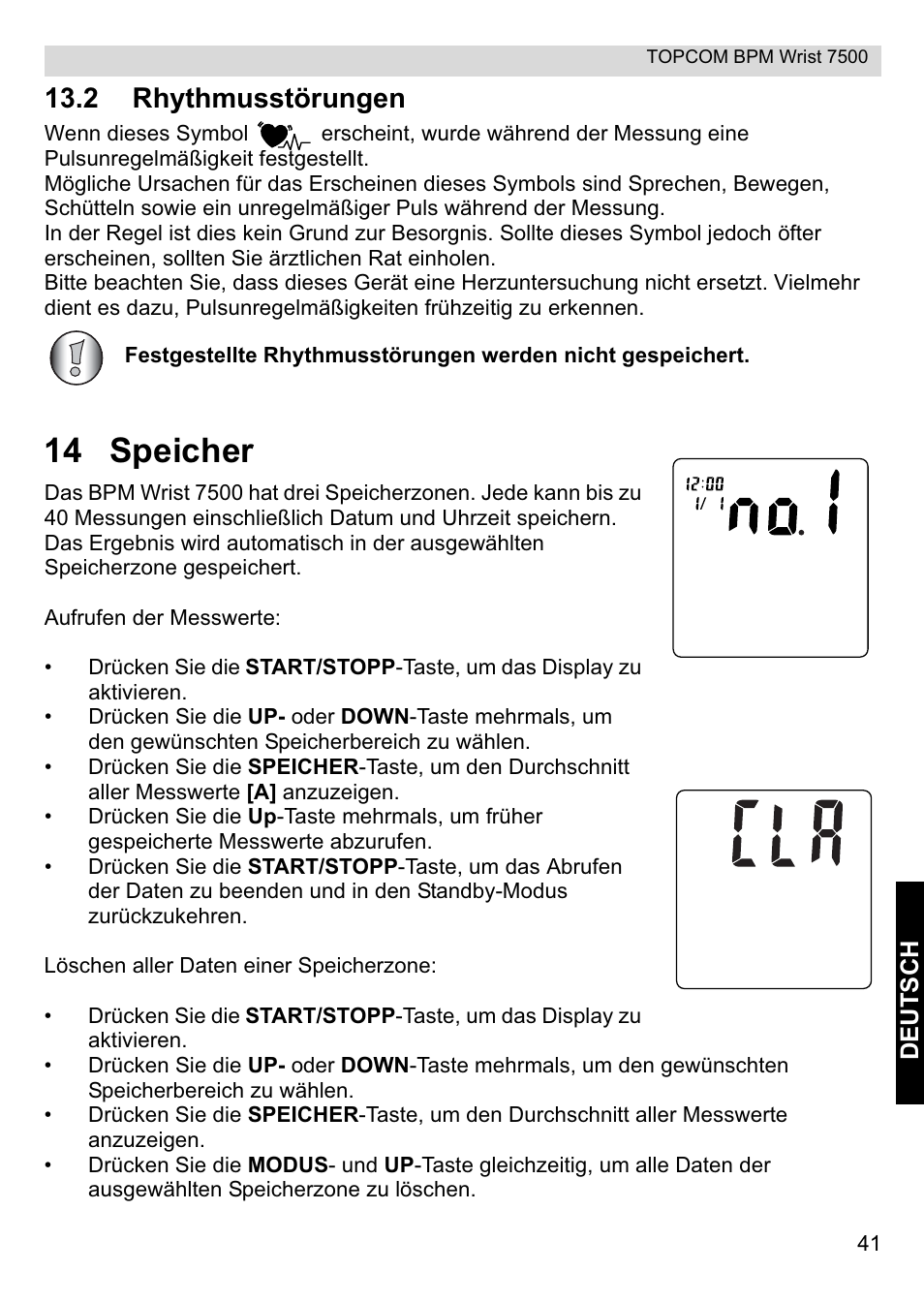 14 speicher, 2 rhythmusstörungen | Topcom BPM Wrist 7500 User Manual | Page 41 / 88
