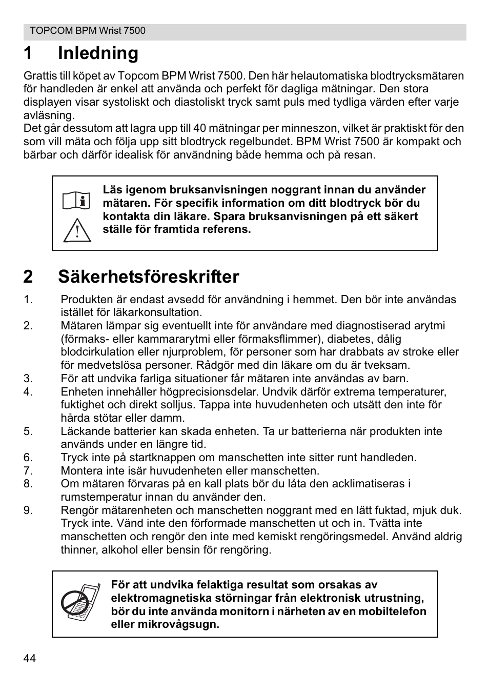 1inledning, 2säkerhetsföreskrifter | Topcom BPM Wrist 7500 User Manual | Page 44 / 88