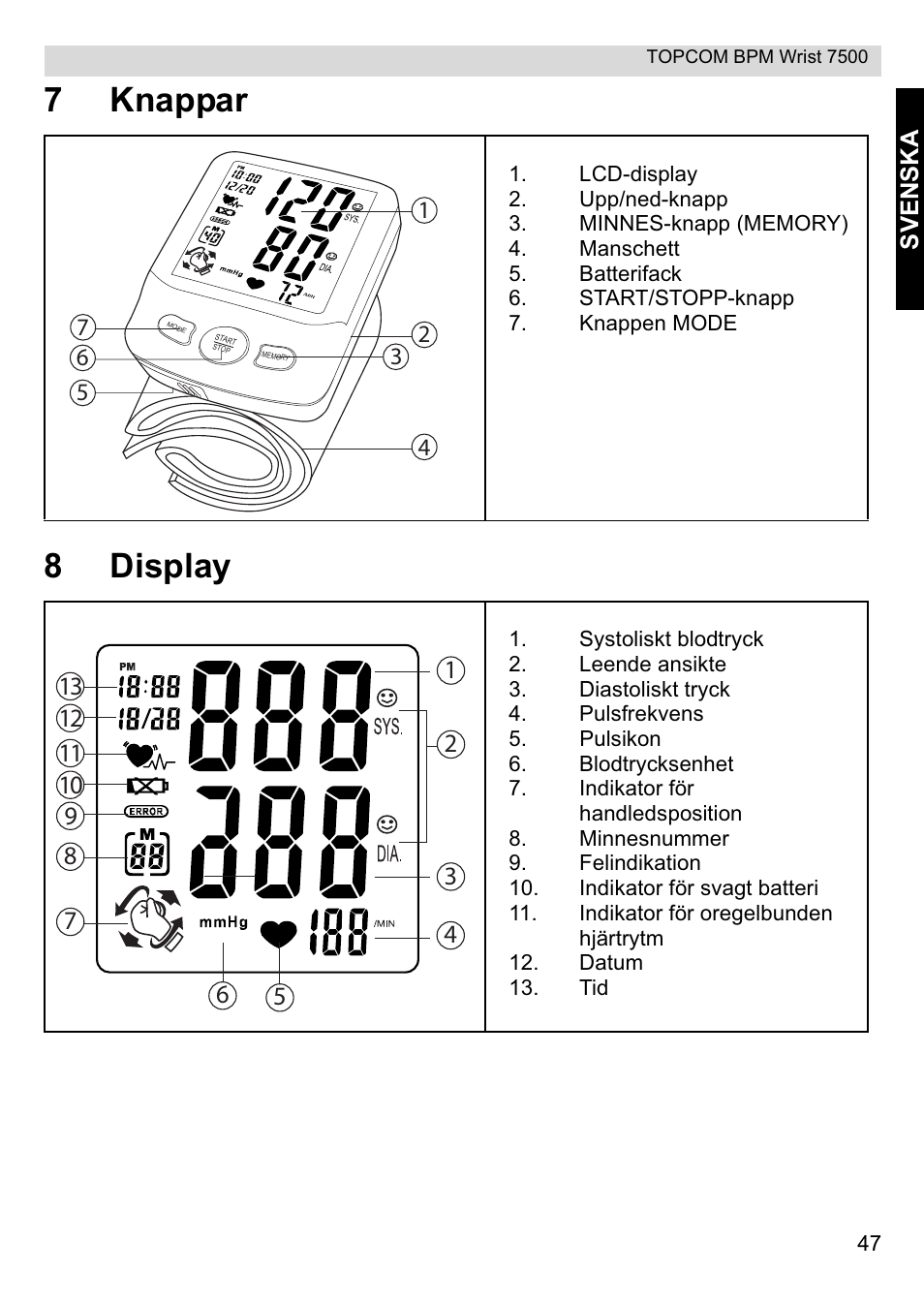7knappar 8 display | Topcom BPM Wrist 7500 User Manual | Page 47 / 88