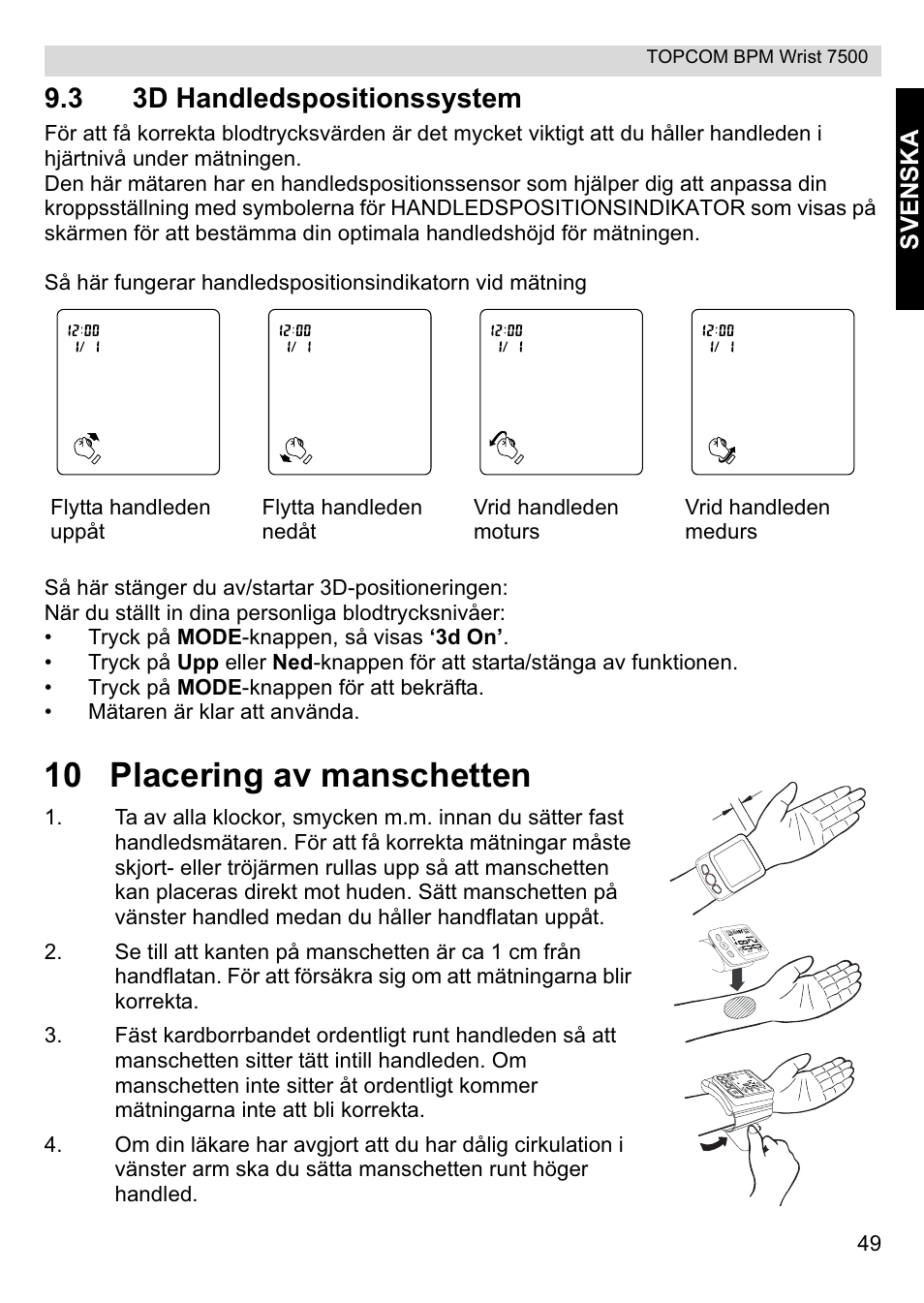 10 placering av manschetten, 3 3d handledspositionssystem, Svenska | Topcom BPM Wrist 7500 User Manual | Page 49 / 88