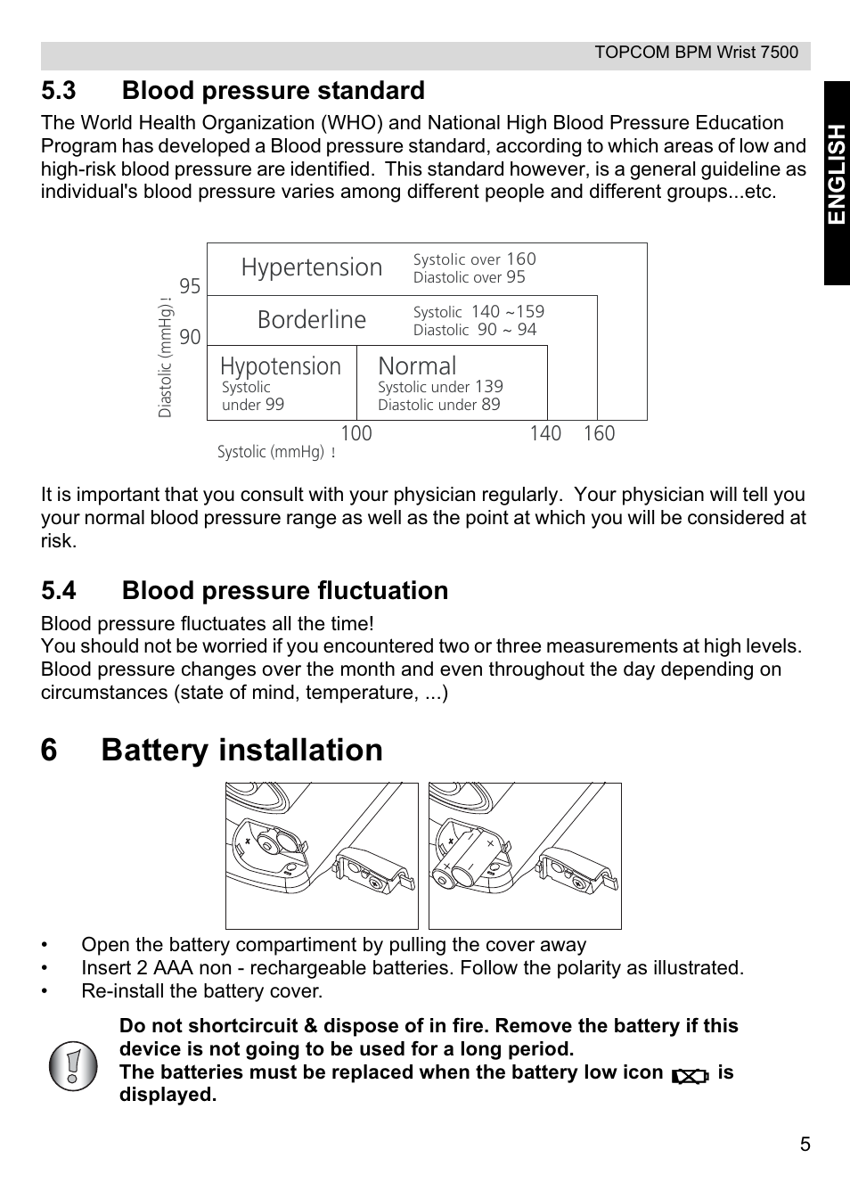 6battery installation, 3 blood pressure standard, 4 blood pressure fluctuation | Hypertension, Borderline, Normal, Hypotension | Topcom BPM Wrist 7500 User Manual | Page 5 / 88