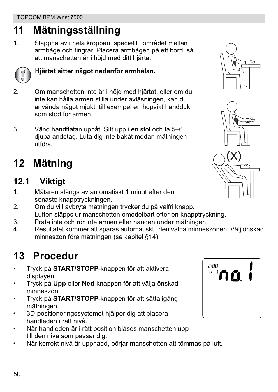 11 mätningsställning, 12 mätning, 13 procedur | 1 viktigt | Topcom BPM Wrist 7500 User Manual | Page 50 / 88