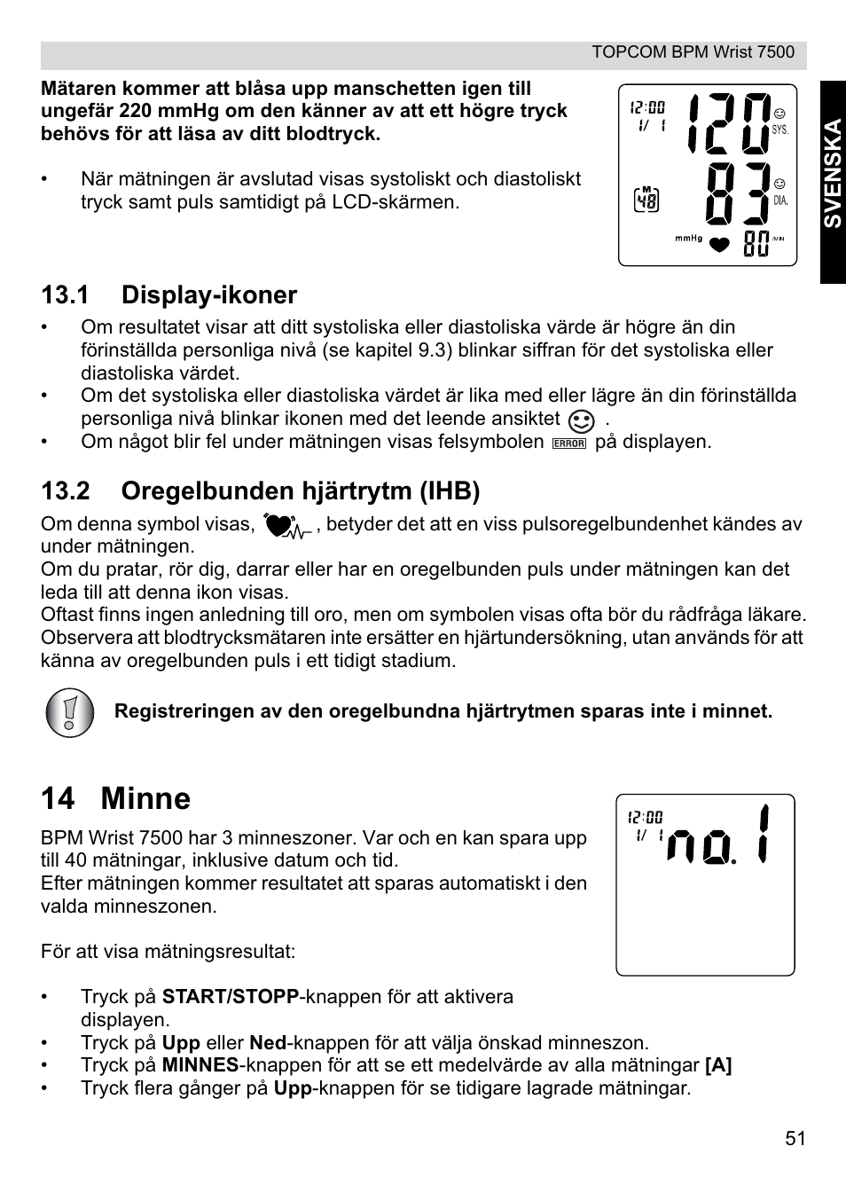 14 minne, 1 display-ikoner, 2 oregelbunden hjärtrytm (ihb) | Topcom BPM Wrist 7500 User Manual | Page 51 / 88