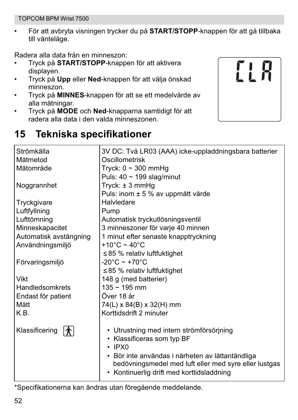15 tekniska specifikationer | Topcom BPM Wrist 7500 User Manual | Page 52 / 88