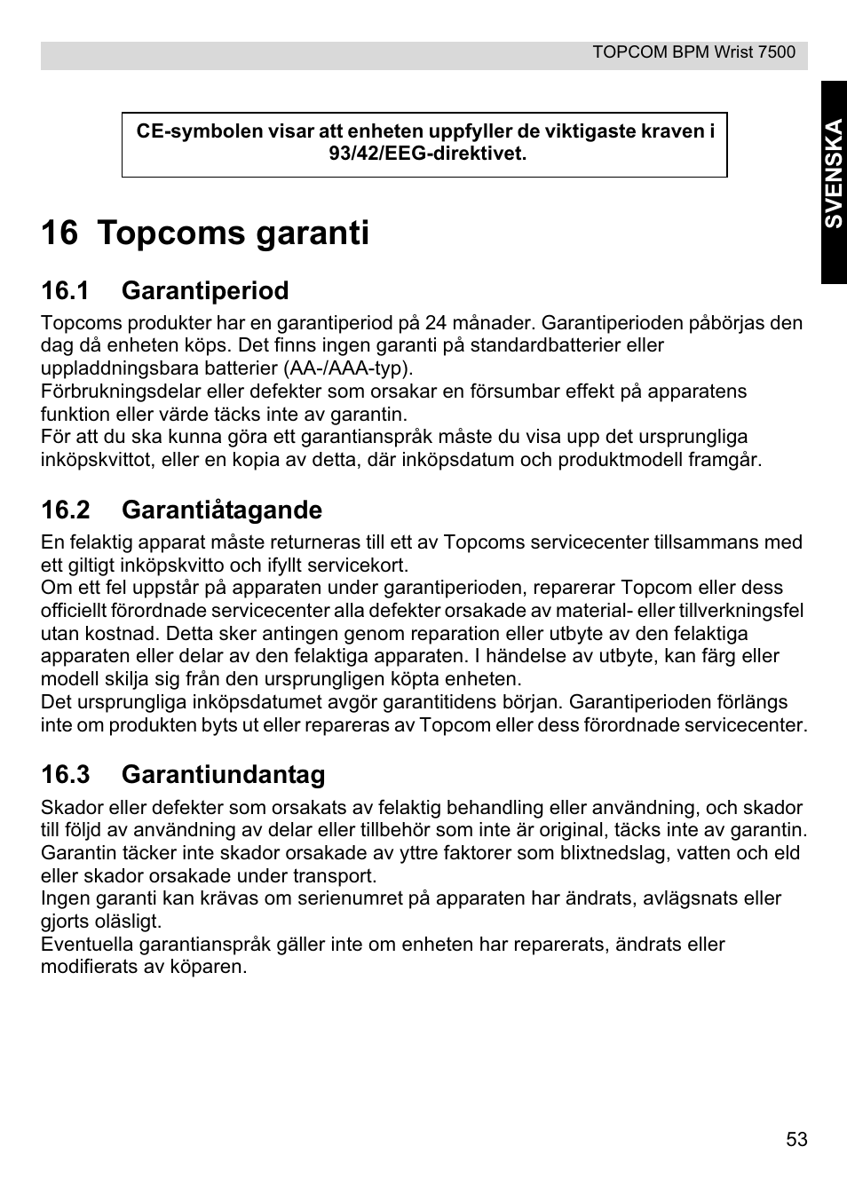 16 topcoms garanti | Topcom BPM Wrist 7500 User Manual | Page 53 / 88