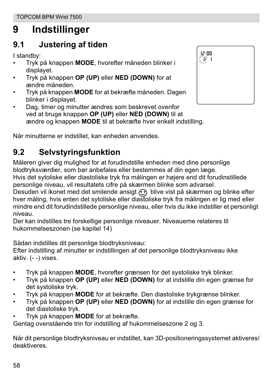 9indstillinger, 1 justering af tiden, 2 selvstyringsfunktion | Topcom BPM Wrist 7500 User Manual | Page 58 / 88