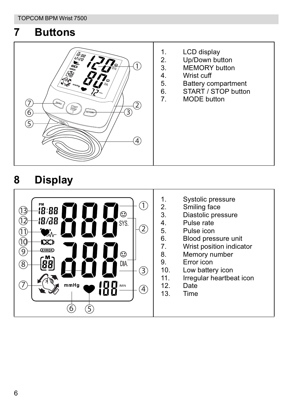 7buttons 8 display | Topcom BPM Wrist 7500 User Manual | Page 6 / 88