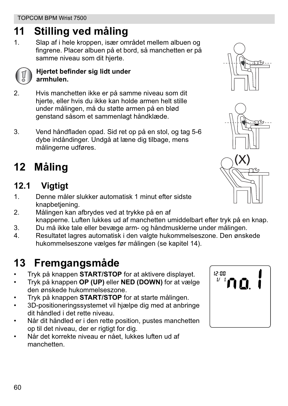 11 stilling ved måling, 12 måling, 13 fremgangsmåde | 1 vigtigt | Topcom BPM Wrist 7500 User Manual | Page 60 / 88
