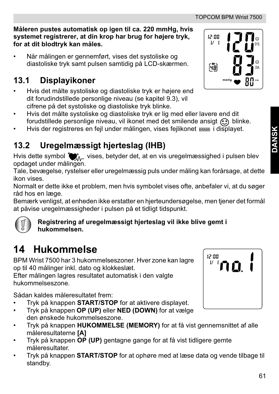 14 hukommelse, 1 displayikoner, 2 uregelmæssigt hjerteslag (ihb) | Topcom BPM Wrist 7500 User Manual | Page 61 / 88