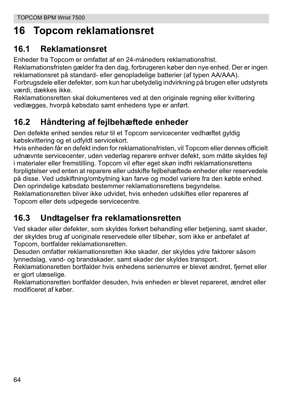 16 topcom reklamationsret | Topcom BPM Wrist 7500 User Manual | Page 64 / 88