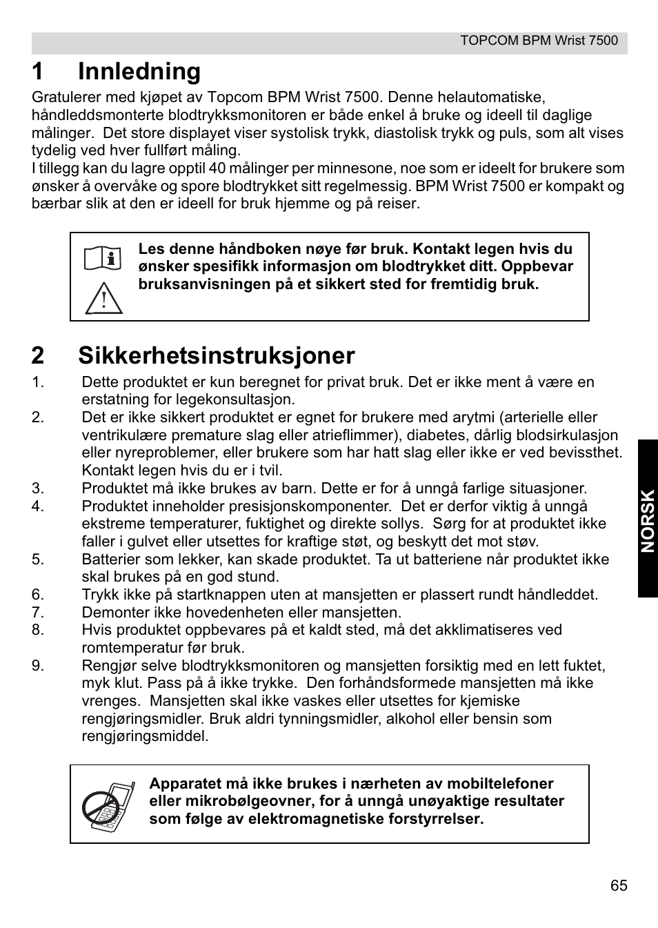 1innledning, 2sikkerhetsinstruksjoner | Topcom BPM Wrist 7500 User Manual | Page 65 / 88