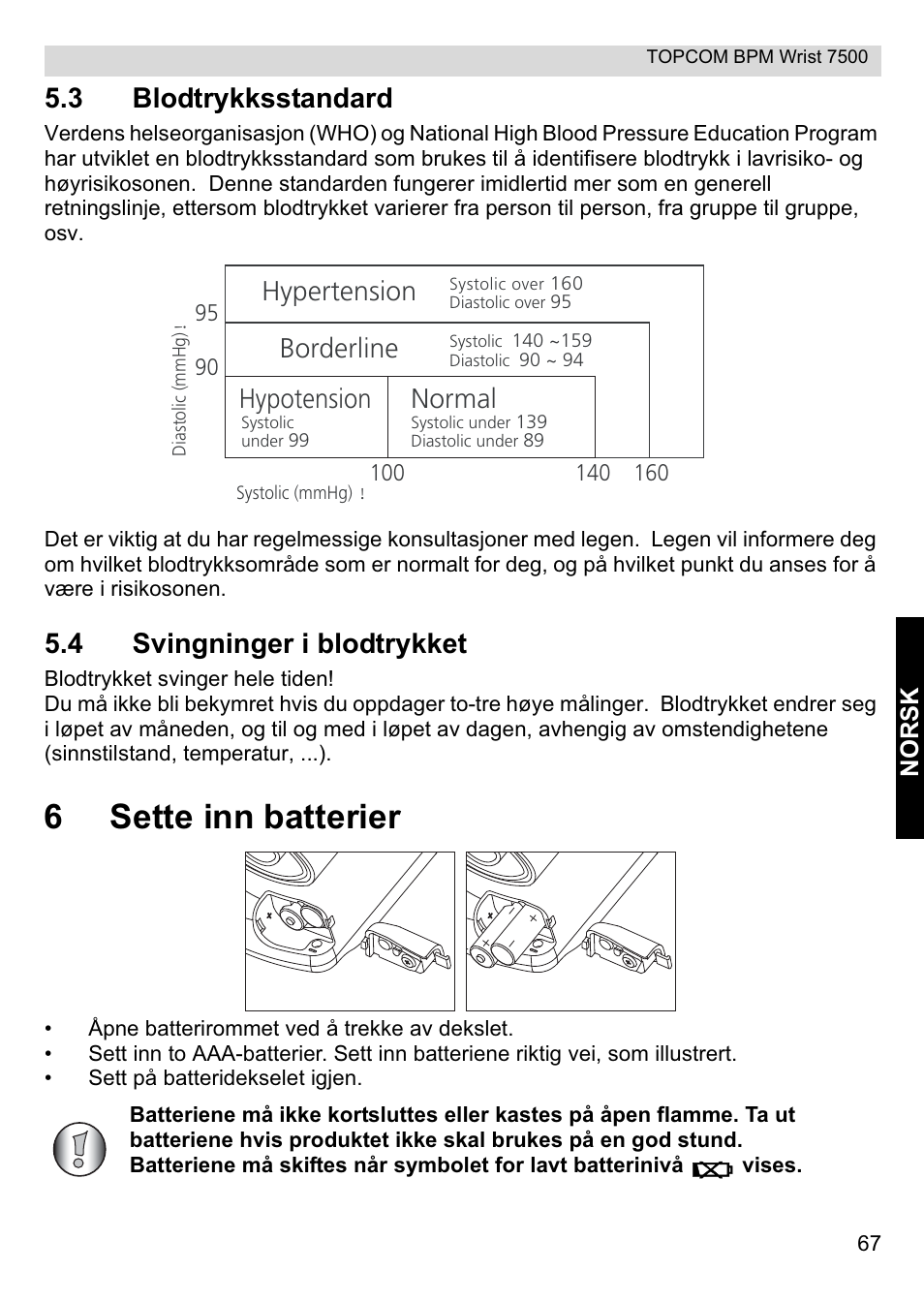 6sette inn batterier, 3 blodtrykksstandard, 4 svingninger i blodtrykket | Hypertension, Borderline, Normal, Hypotension | Topcom BPM Wrist 7500 User Manual | Page 67 / 88