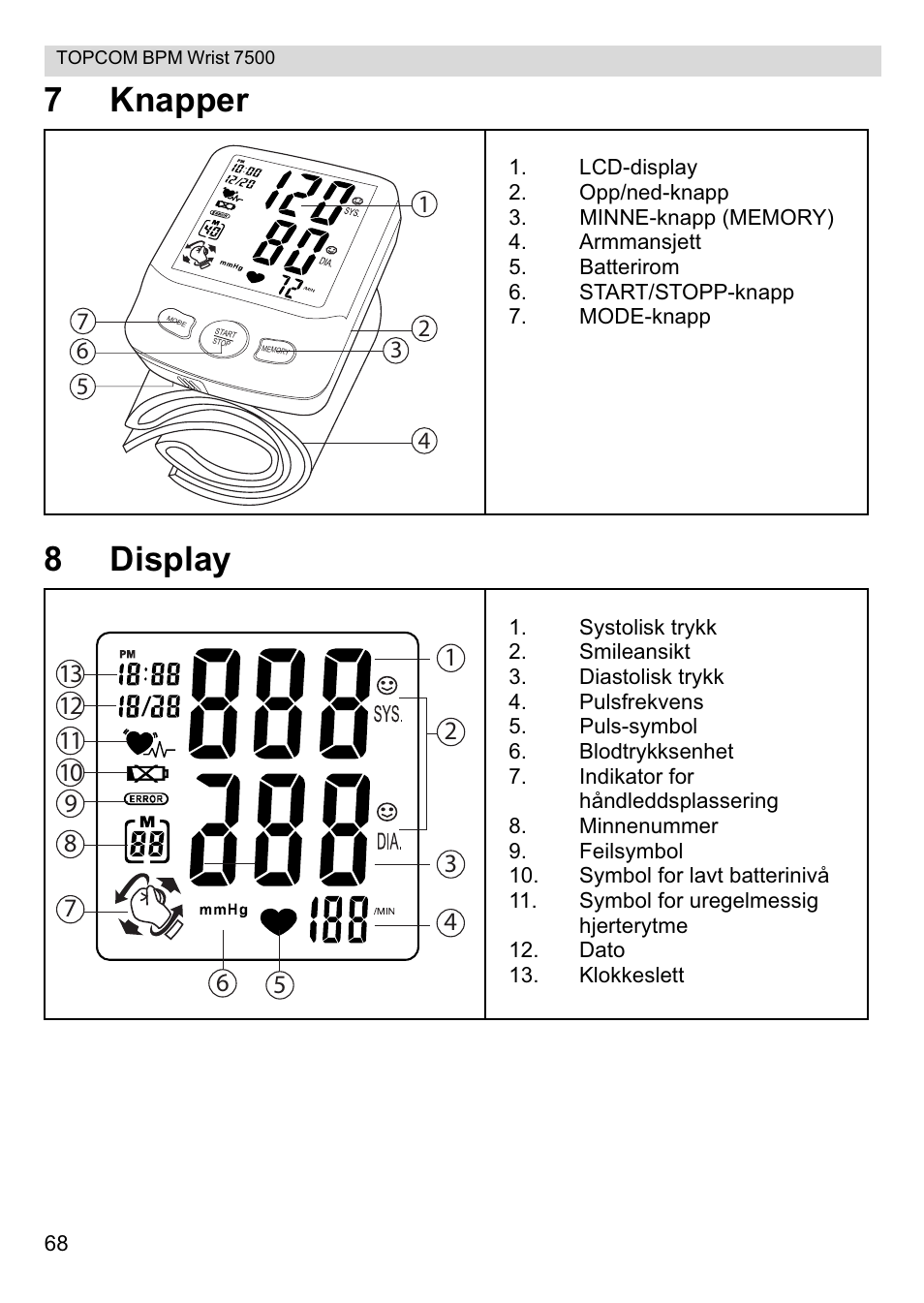7knapper 8 display | Topcom BPM Wrist 7500 User Manual | Page 68 / 88