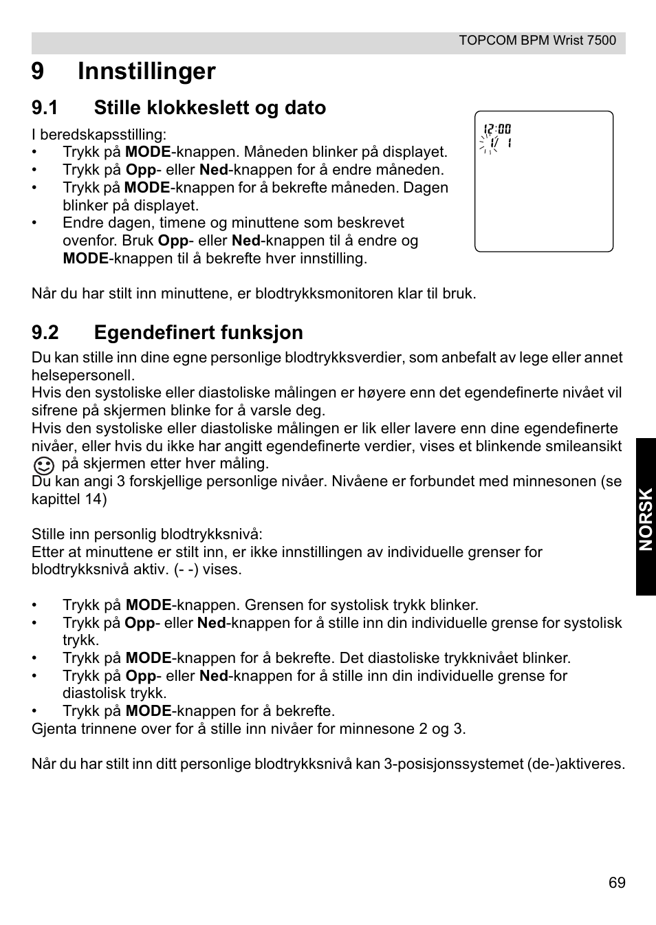 9innstillinger, 1 stille klokkeslett og dato, 2 egendefinert funksjon | Topcom BPM Wrist 7500 User Manual | Page 69 / 88