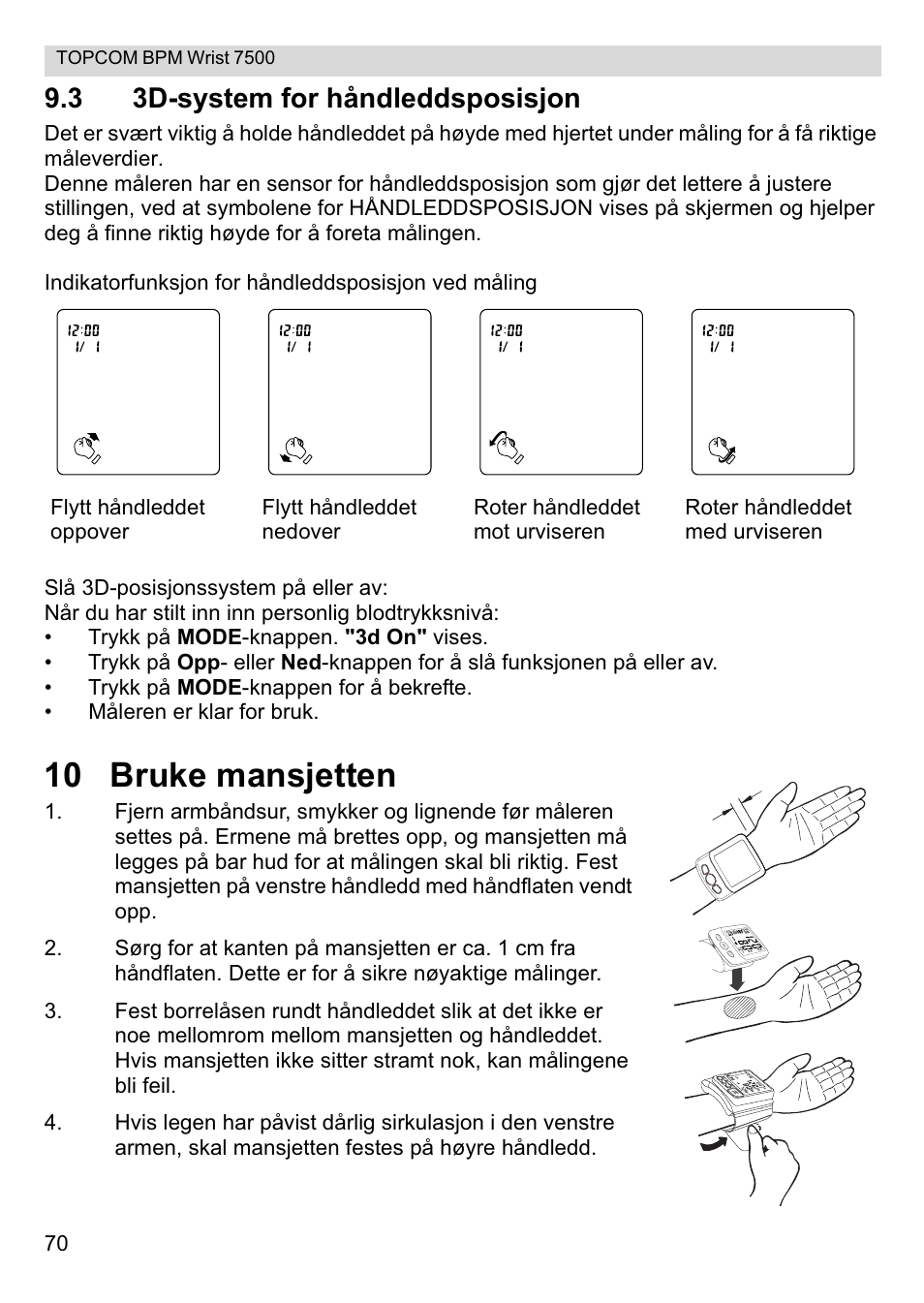 10 bruke mansjetten, 3 3d-system for håndleddsposisjon | Topcom BPM Wrist 7500 User Manual | Page 70 / 88