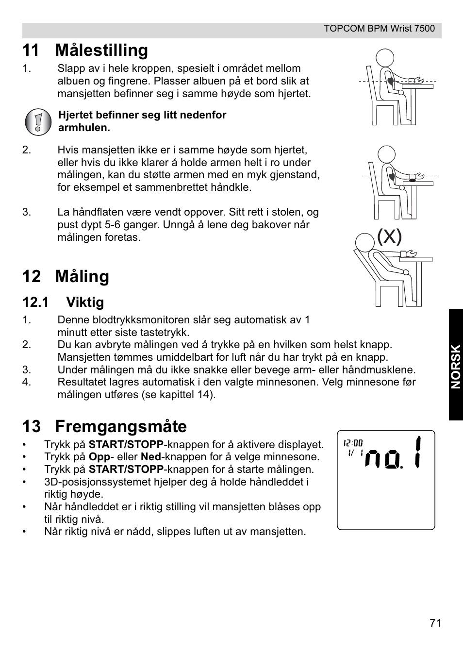 11 målestilling, 12 måling, 13 fremgangsmåte | 1 viktig | Topcom BPM Wrist 7500 User Manual | Page 71 / 88