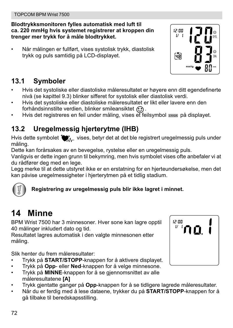 14 minne, 1 symboler, 2 uregelmessig hjerterytme (ihb) | Topcom BPM Wrist 7500 User Manual | Page 72 / 88