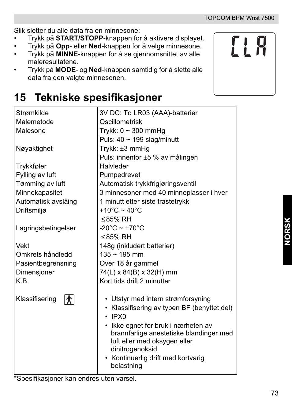 15 tekniske spesifikasjoner | Topcom BPM Wrist 7500 User Manual | Page 73 / 88