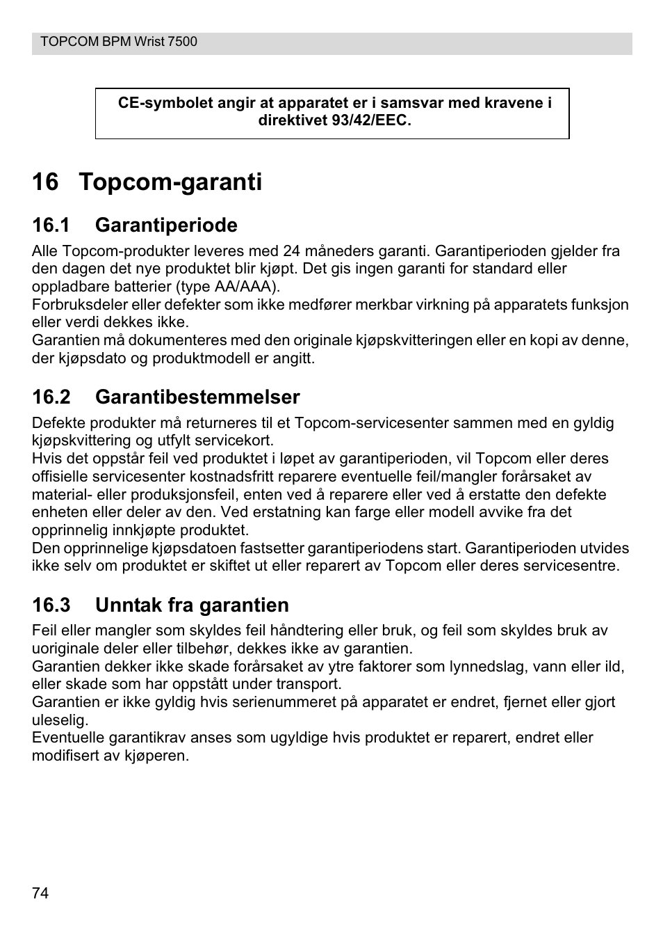 16 topcom-garanti | Topcom BPM Wrist 7500 User Manual | Page 74 / 88