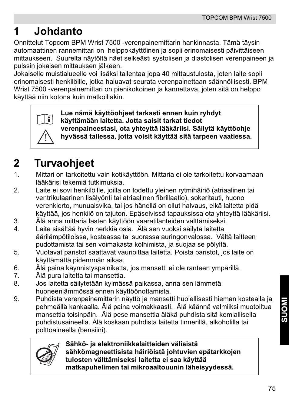 1johdanto, 2turvaohjeet | Topcom BPM Wrist 7500 User Manual | Page 75 / 88