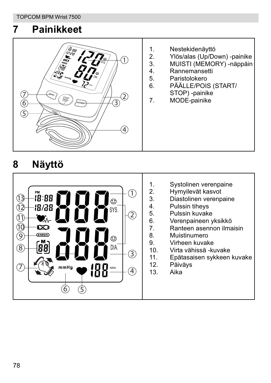7painikkeet 8 näyttö | Topcom BPM Wrist 7500 User Manual | Page 78 / 88
