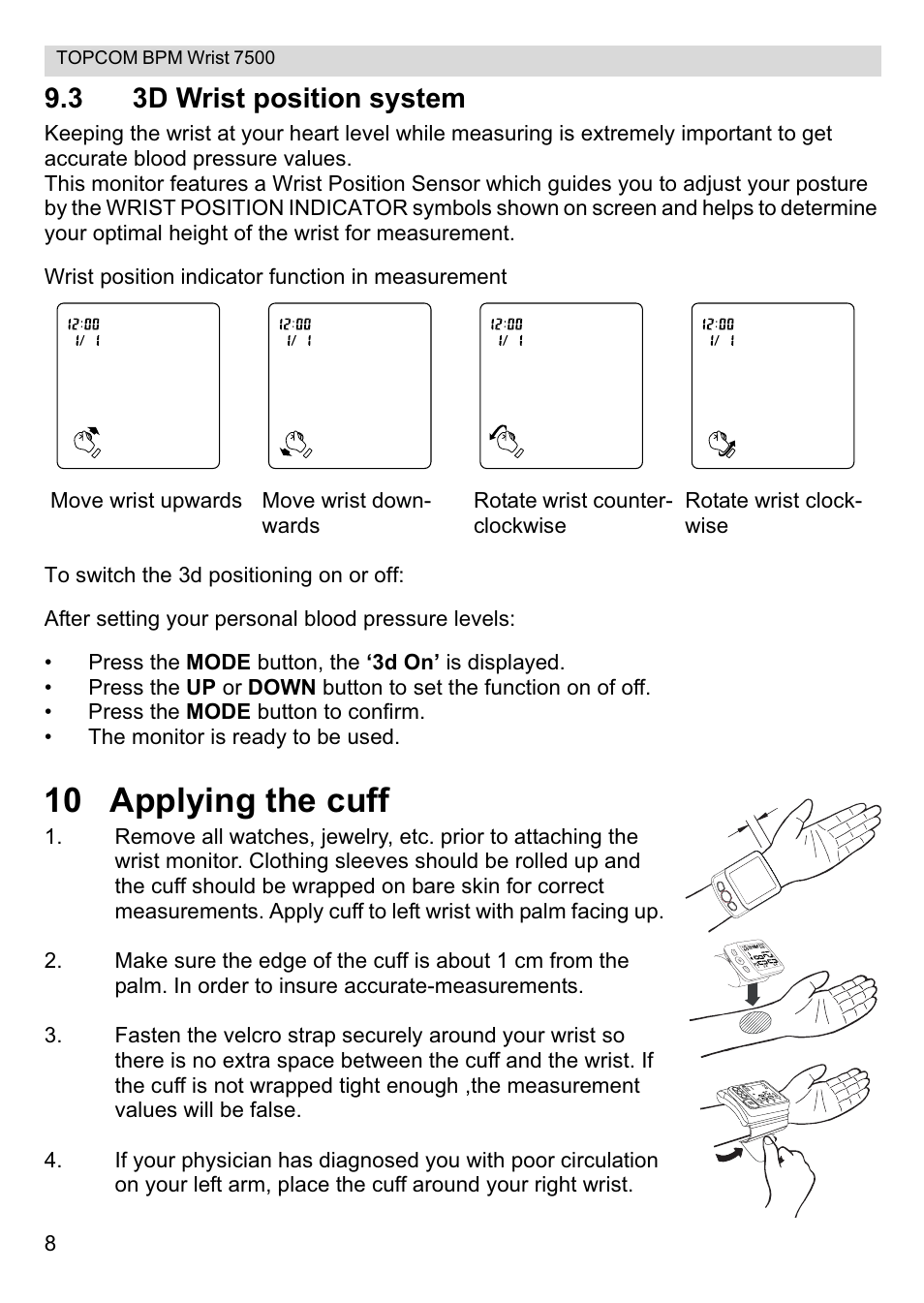 10 applying the cuff, 3 3d wrist position system | Topcom BPM Wrist 7500 User Manual | Page 8 / 88