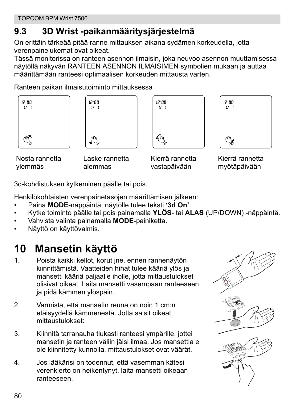 10 mansetin käyttö, 3 3d wrist -paikanmääritysjärjestelmä | Topcom BPM Wrist 7500 User Manual | Page 80 / 88
