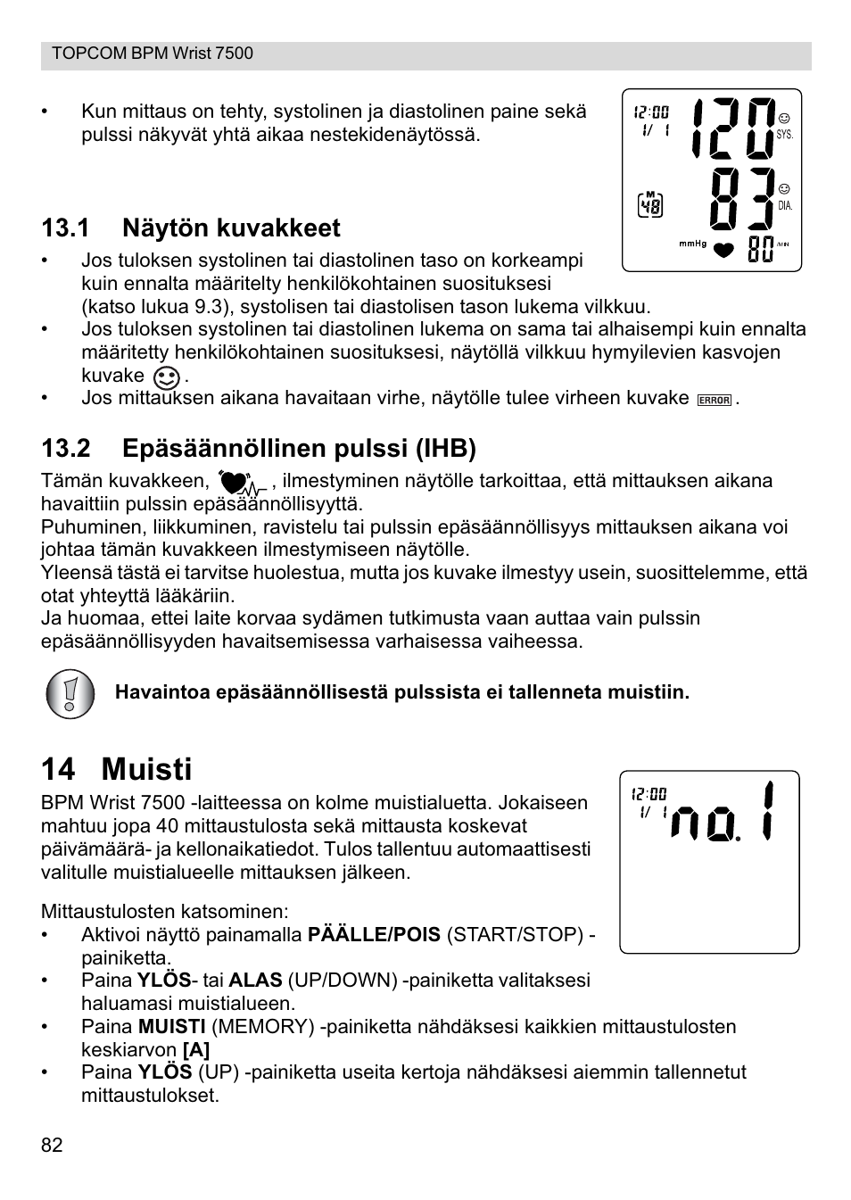 14 muisti, 1 näytön kuvakkeet, 2 epäsäännöllinen pulssi (ihb) | Topcom BPM Wrist 7500 User Manual | Page 82 / 88