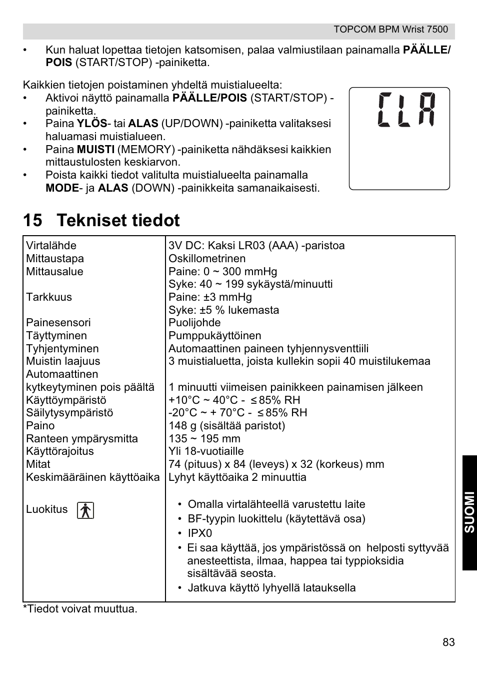 15 tekniset tiedot | Topcom BPM Wrist 7500 User Manual | Page 83 / 88