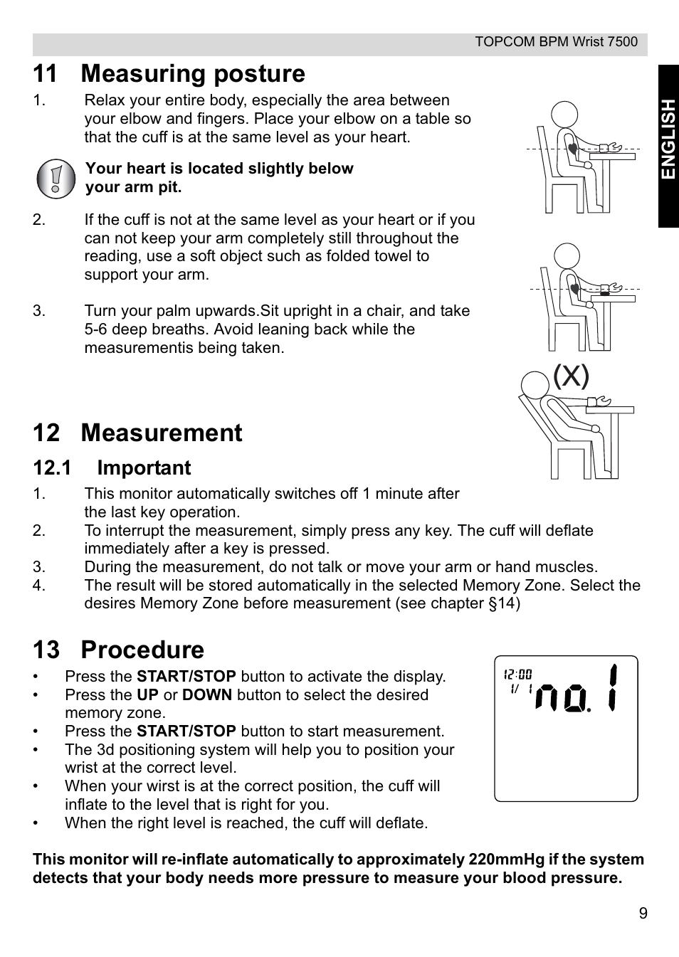 11 measuring posture, 12 measurement, 13 procedure | 1 important | Topcom BPM Wrist 7500 User Manual | Page 9 / 88