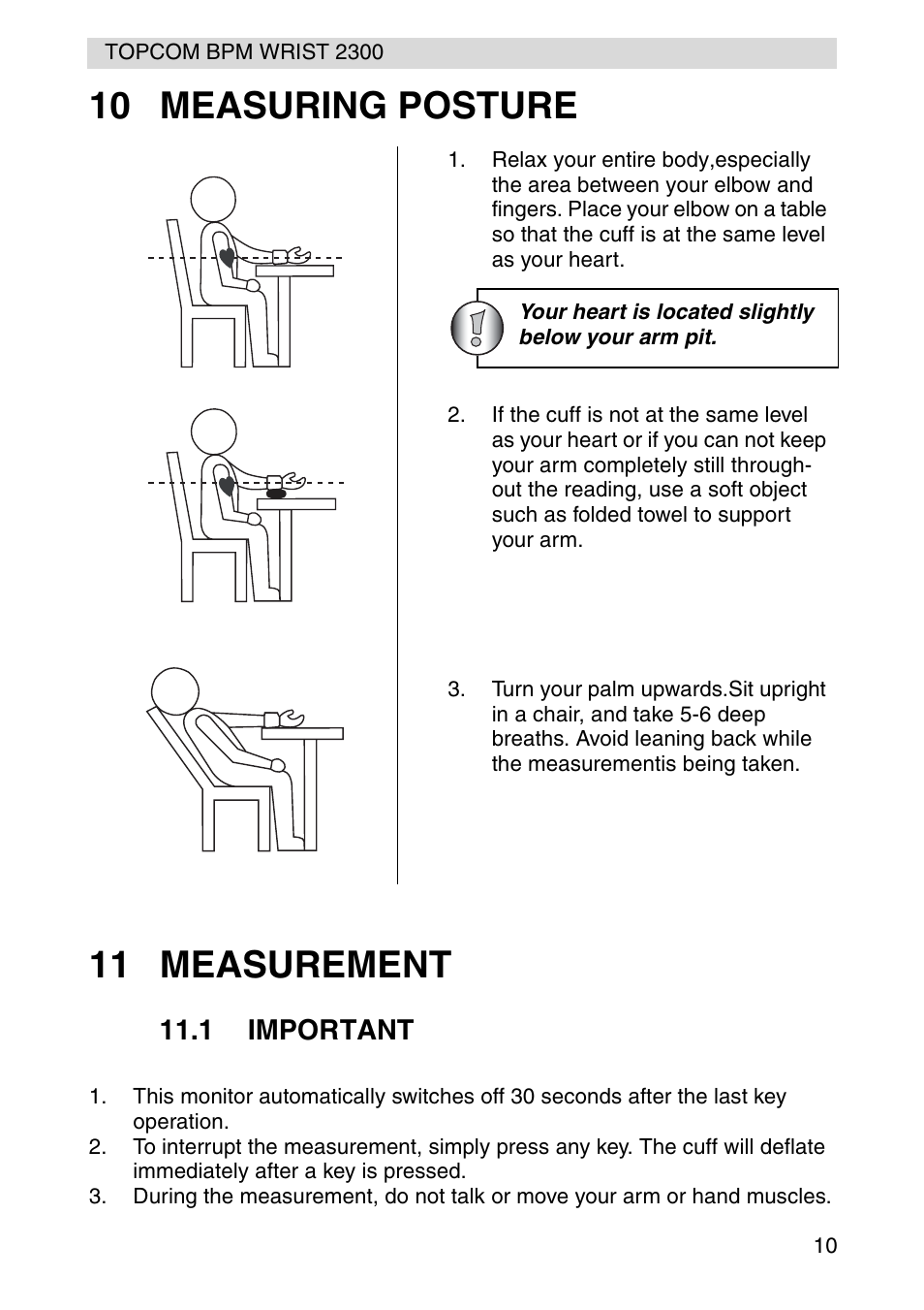 10 measuring posture 11 measurement | Topcom BPM WRIST 2300 User Manual | Page 10 / 92