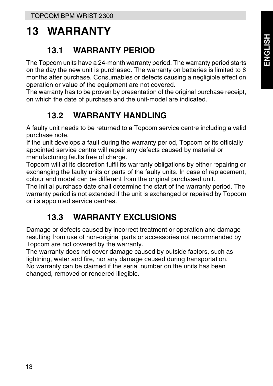 13 warranty | Topcom BPM WRIST 2300 User Manual | Page 13 / 92