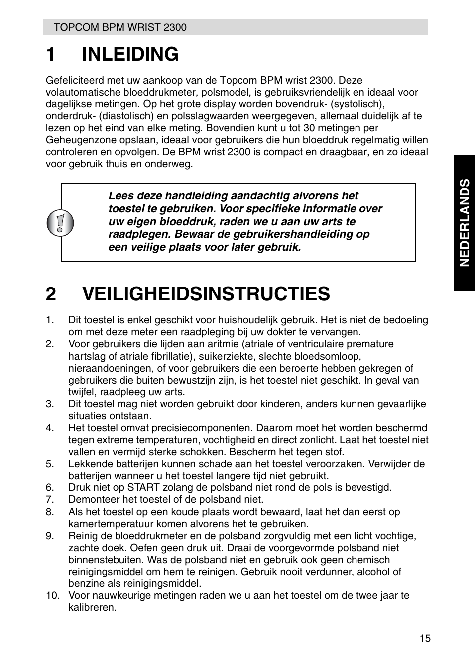 1inleiding, 2veiligheidsinstructies | Topcom BPM WRIST 2300 User Manual | Page 15 / 92