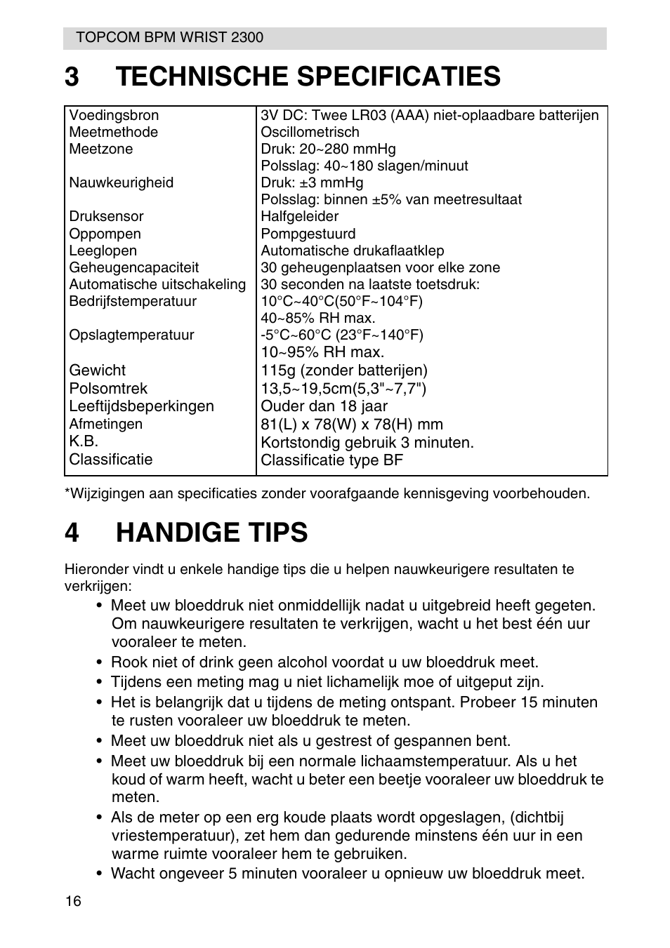 3technische specificaties, 4handige tips | Topcom BPM WRIST 2300 User Manual | Page 16 / 92