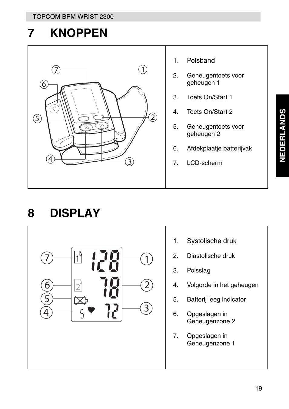 7knoppen 8 display | Topcom BPM WRIST 2300 User Manual | Page 19 / 92