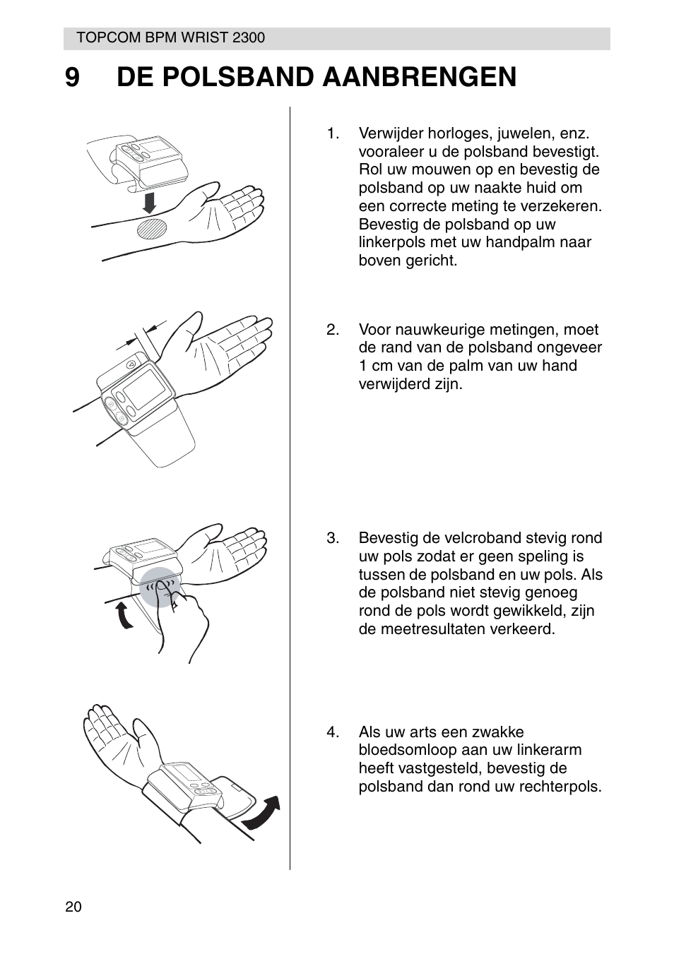 9de polsband aanbrengen | Topcom BPM WRIST 2300 User Manual | Page 20 / 92